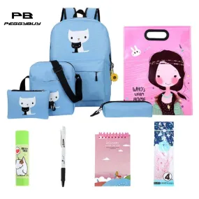 10pcs/Set Oxford Waterproof Backpack Cats Printed Zipper Bag School for Women Casual Travel Bags