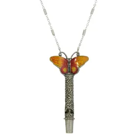 1928 Jewelry&reg; Pewter Whistle With Orange & Yellow Enamel Butterfly Necklace 30"