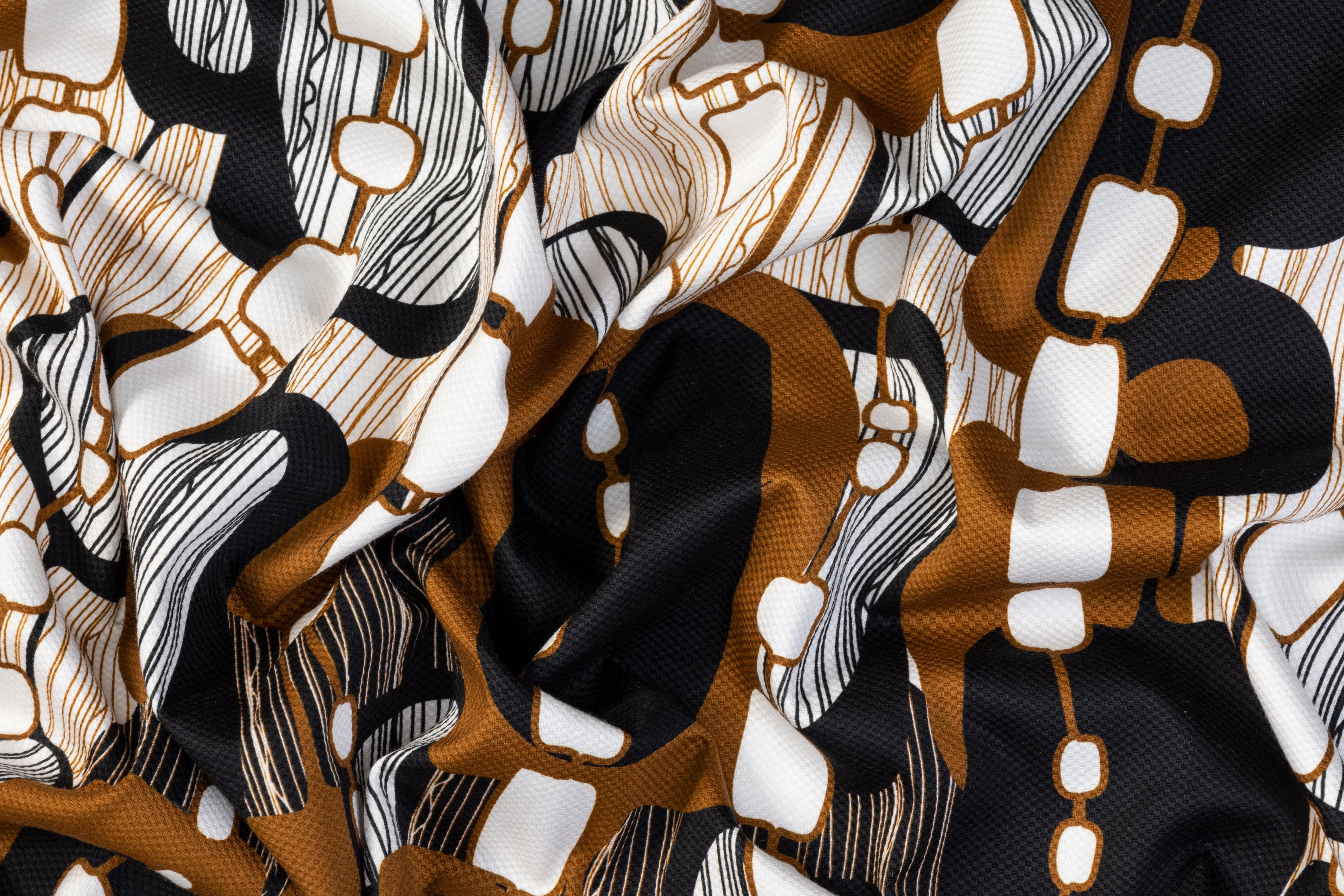 Abstract Printed Italian Cotton Pique - Black, Brown, White