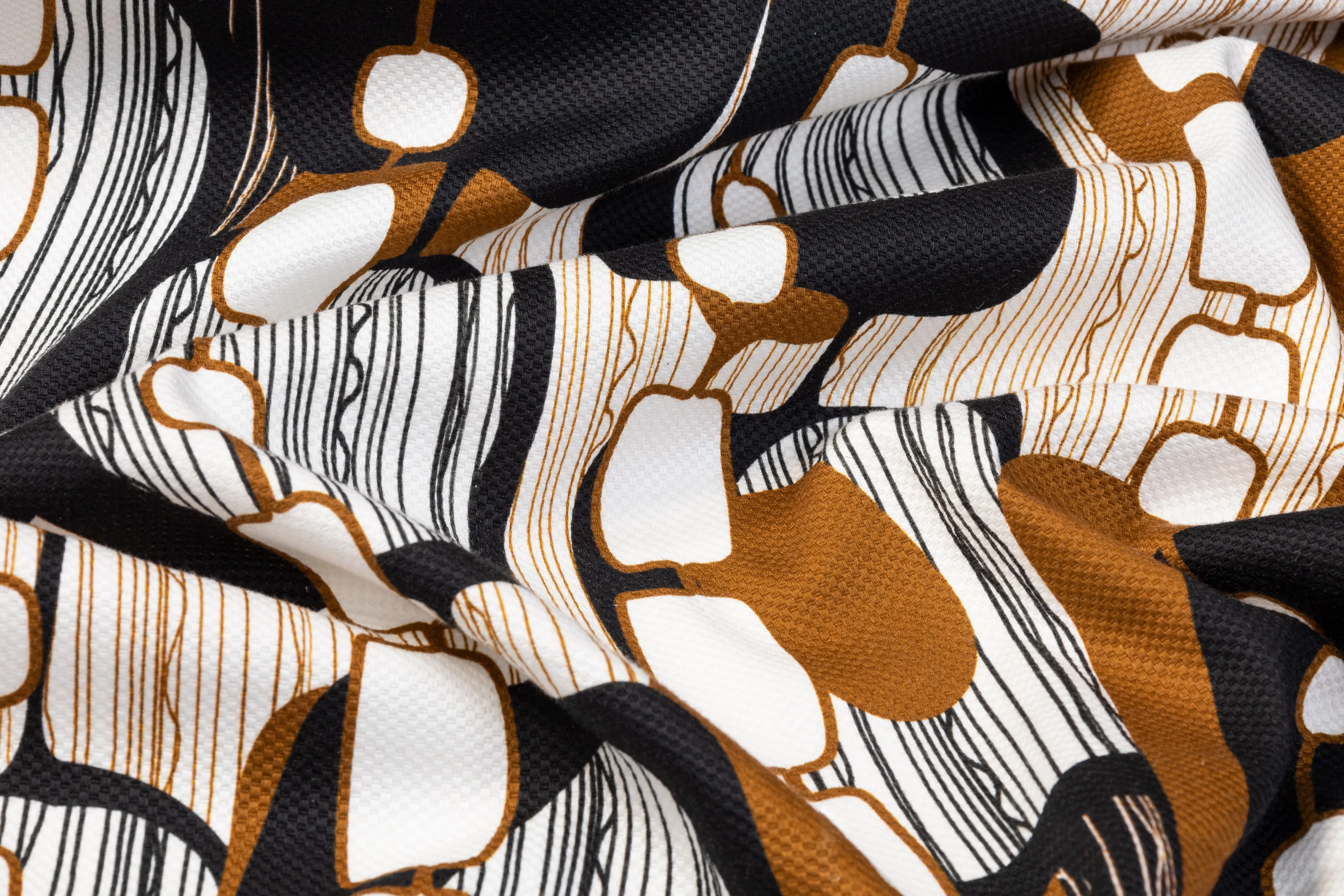 Abstract Printed Italian Cotton Pique - Black, Brown, White