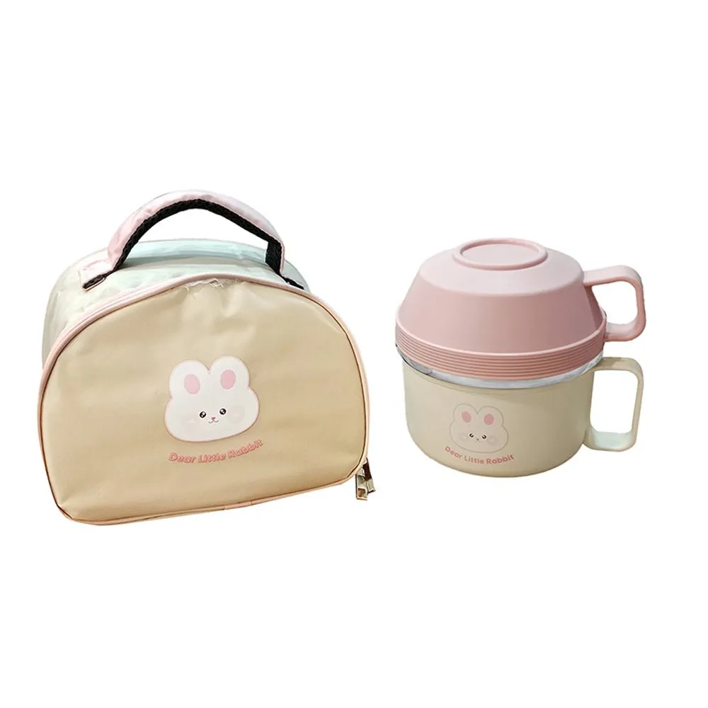 Cream & Pink Rabbit , Dual Handle Soup and Noodles Lunch Box with matching Cover