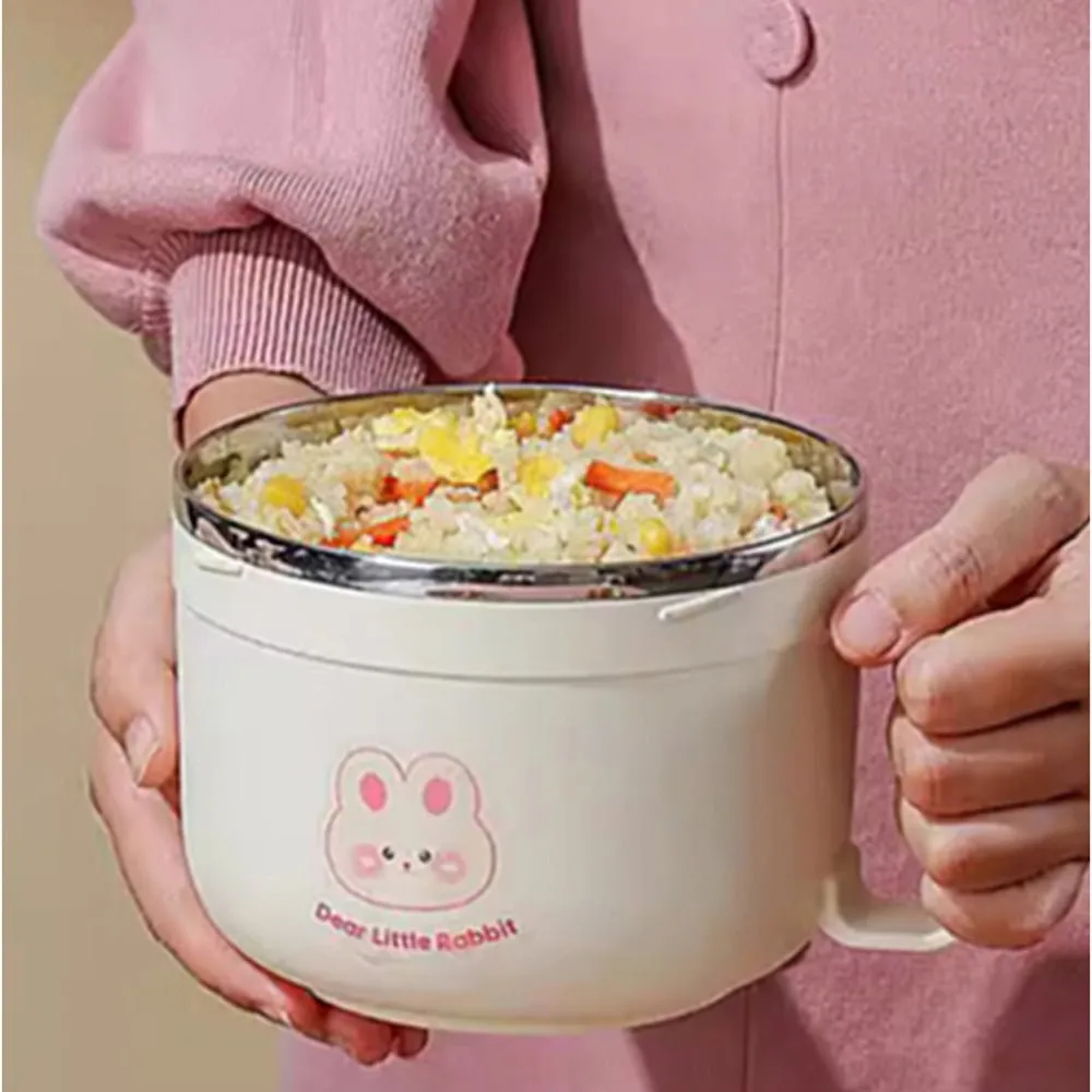 Cream & Pink Rabbit , Dual Handle Soup and Noodles Lunch Box with matching Cover