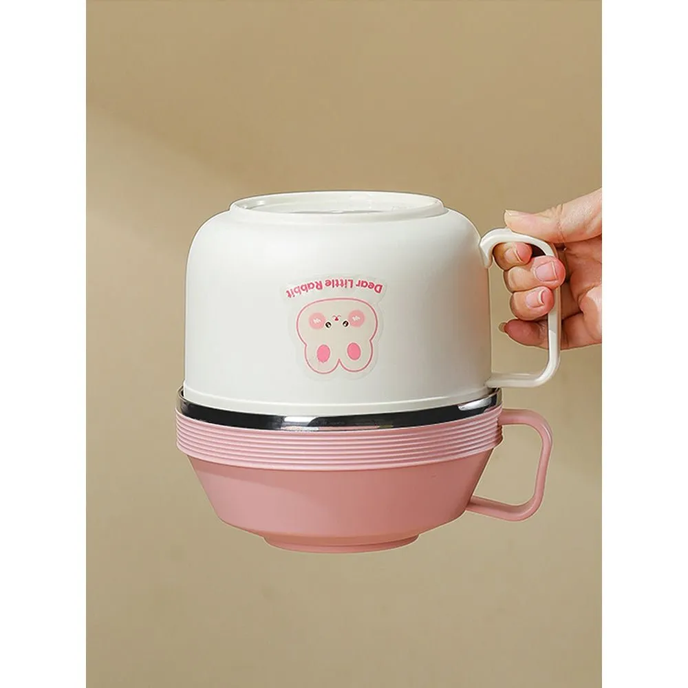 Cream & Pink Rabbit , Dual Handle Soup and Noodles Lunch Box with matching Cover