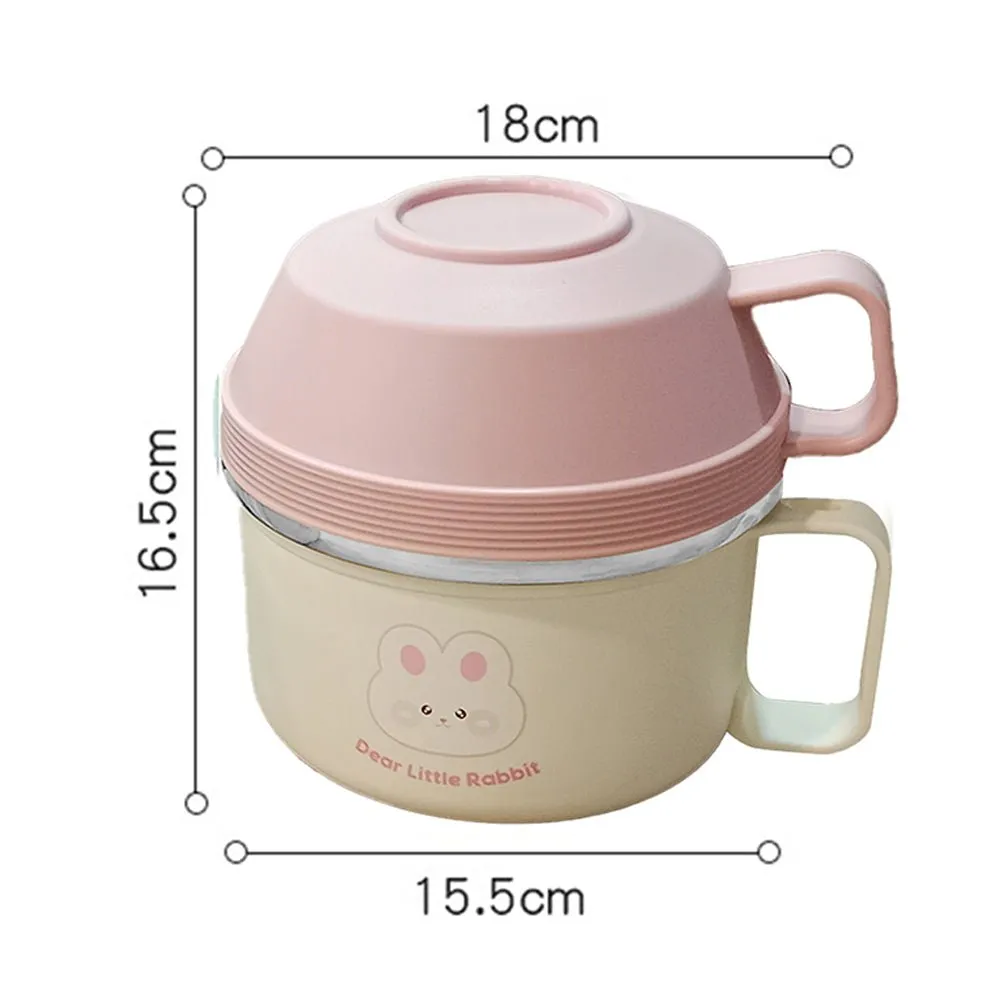 Cream & Pink Rabbit , Dual Handle Soup and Noodles Lunch Box with matching Cover