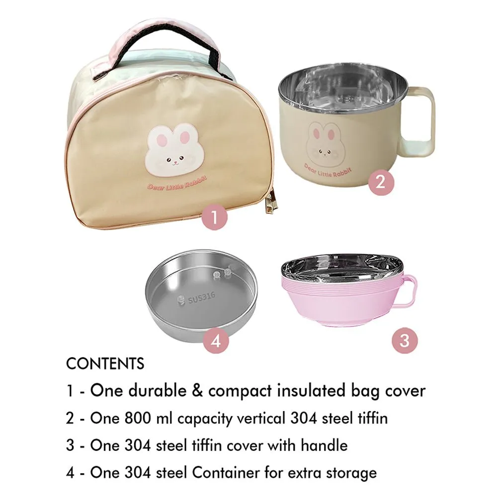 Cream & Pink Rabbit , Dual Handle Soup and Noodles Lunch Box with matching Cover