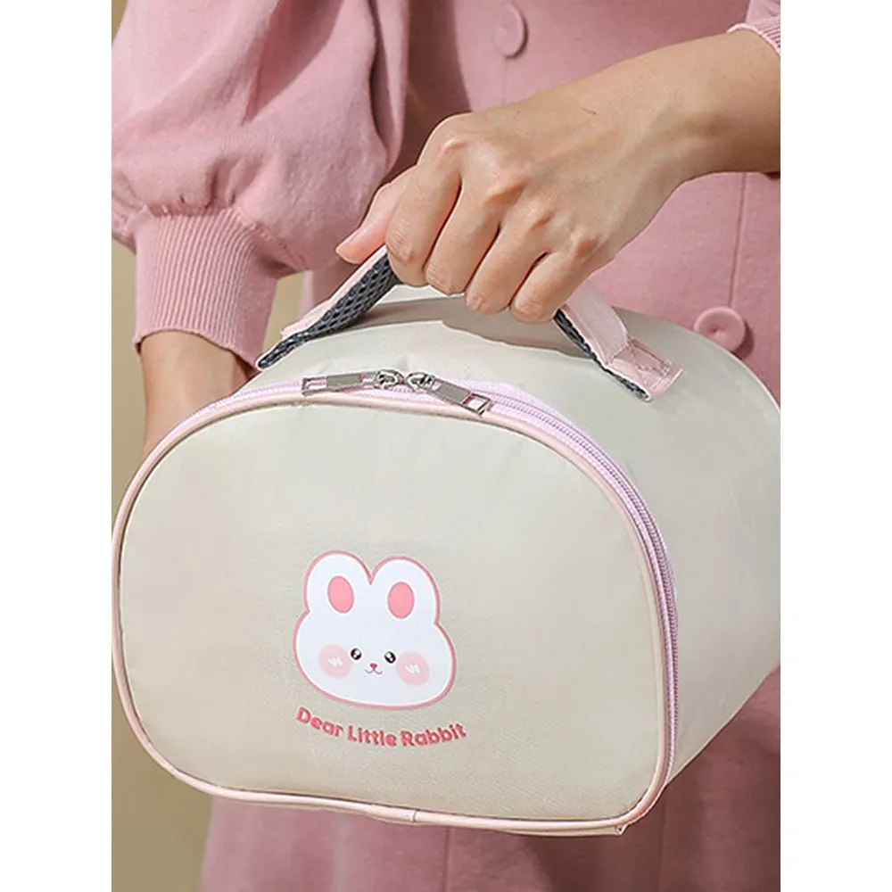 Cream & Pink Rabbit , Dual Handle Soup and Noodles Lunch Box with matching Cover