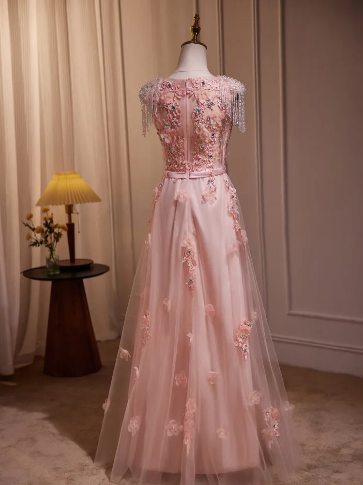 Delicate V-Neck Pink with Rhinestones Lace Appliques Prom Dress