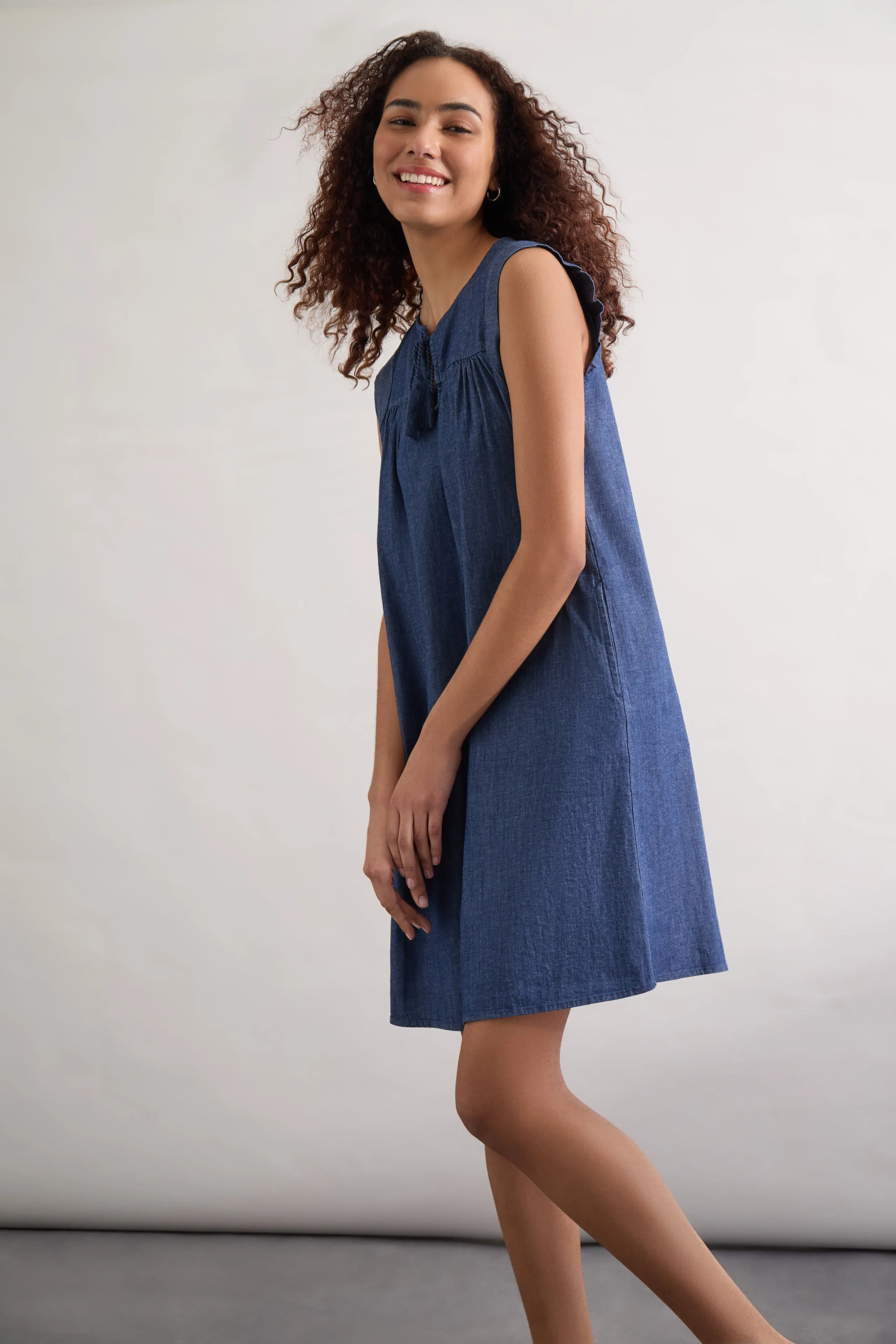 Flutter Sleeve Shift Dress, Soft Denim