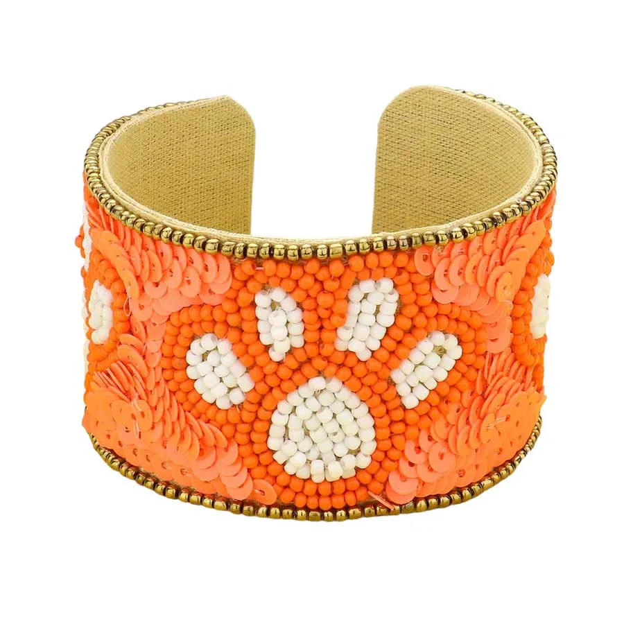 Game Day Sequin Seed Beaded Paw Accented Cuff Bracelet