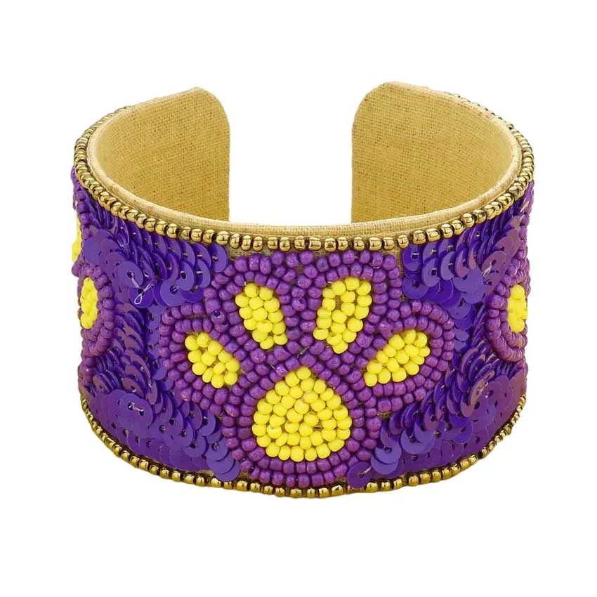 Game Day Sequin Seed Beaded Paw Accented Cuff Bracelet