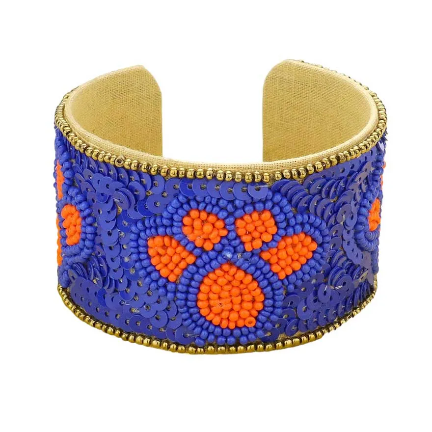 Game Day Sequin Seed Beaded Paw Accented Cuff Bracelet