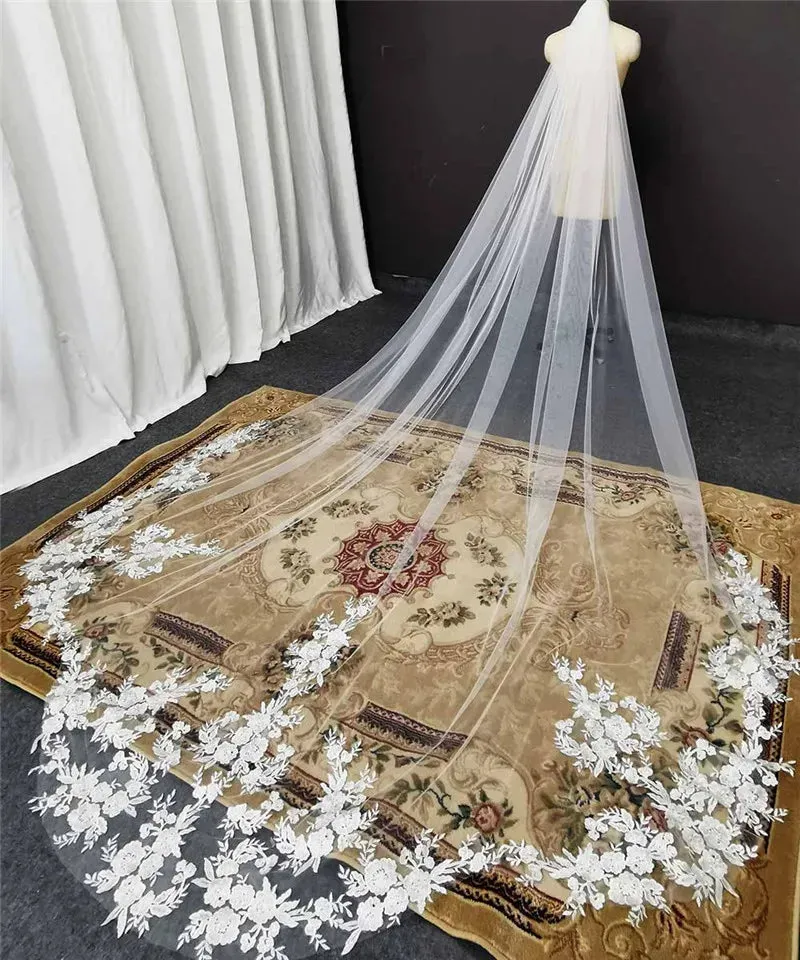 High Quality Vintage Wedding Veil 3.5M Long Special Cut Royal Bridal Veil with Comb Bling Sequins Lace Veil Wedding Accessories