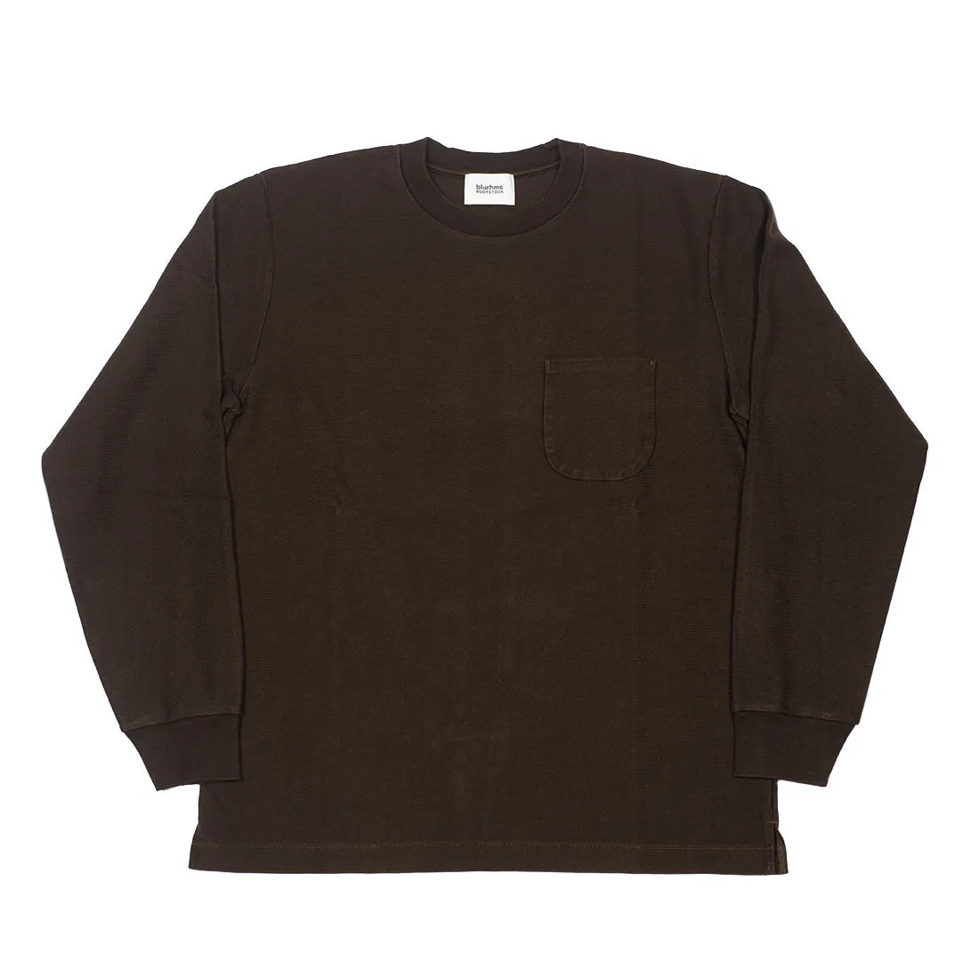 Long sleeve pocket tee in chocolate brown Raschel knit cotton