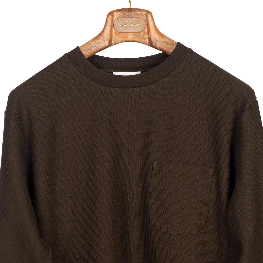 Long sleeve pocket tee in chocolate brown Raschel knit cotton