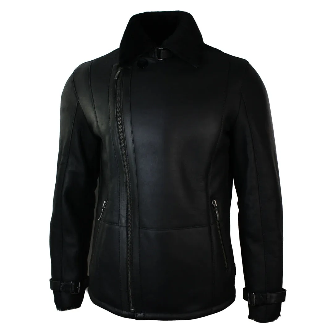 Men's Winter Sheepskin Black Mid Length Fitted Jacket Cross Zip