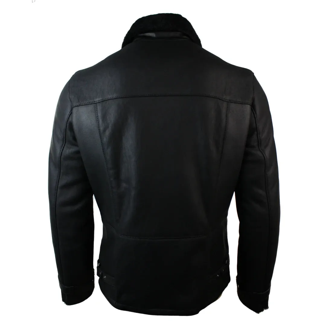 Men's Winter Sheepskin Black Mid Length Fitted Jacket Cross Zip