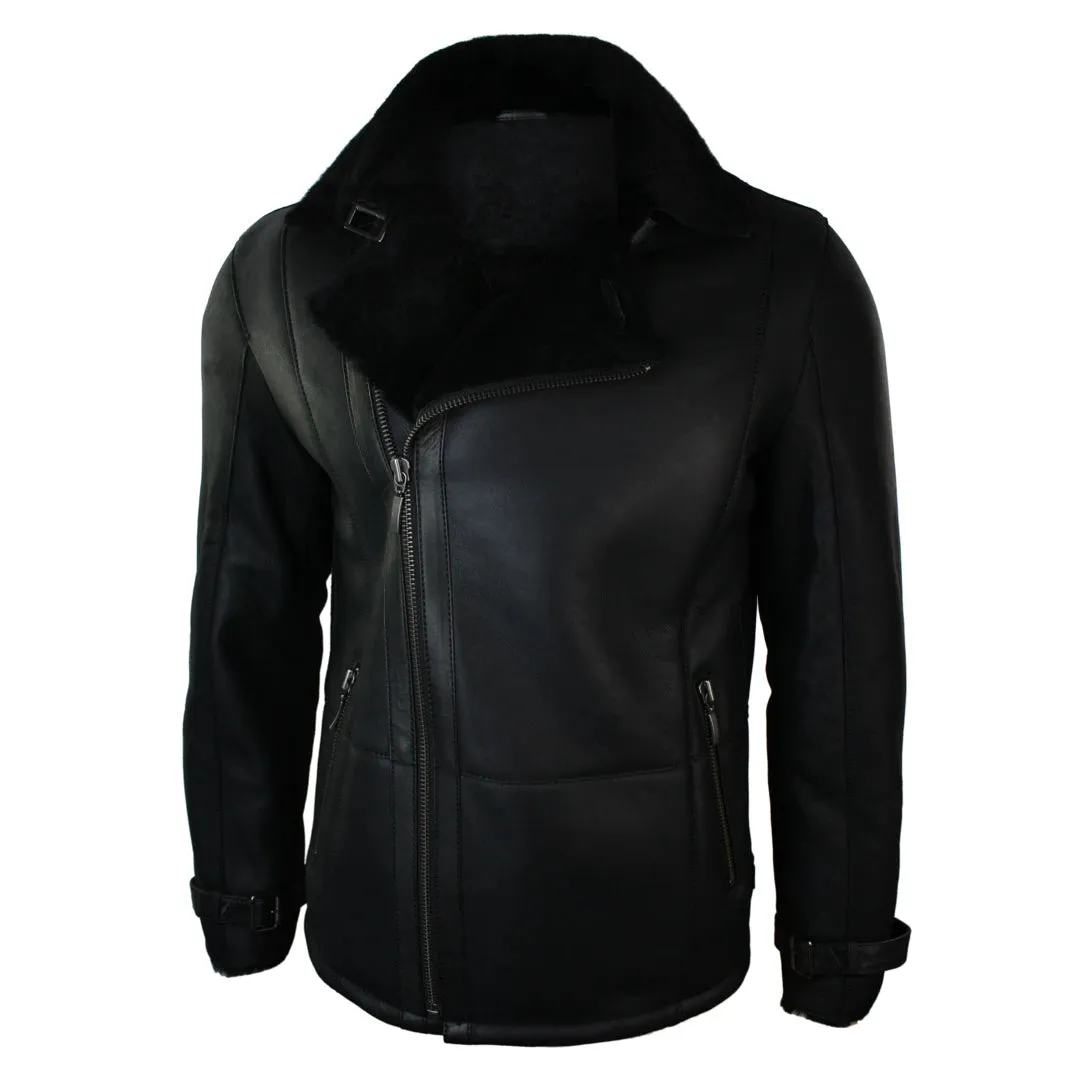 Men's Winter Sheepskin Black Mid Length Fitted Jacket Cross Zip