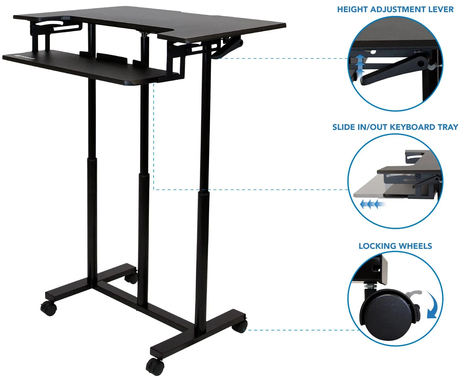 Mobile Sit-Stand Desk with Large Top and Retractable Keyboard