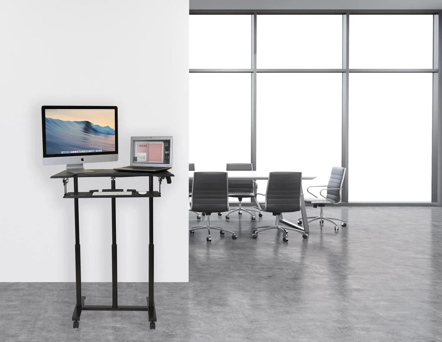 Mobile Sit-Stand Desk with Large Top and Retractable Keyboard