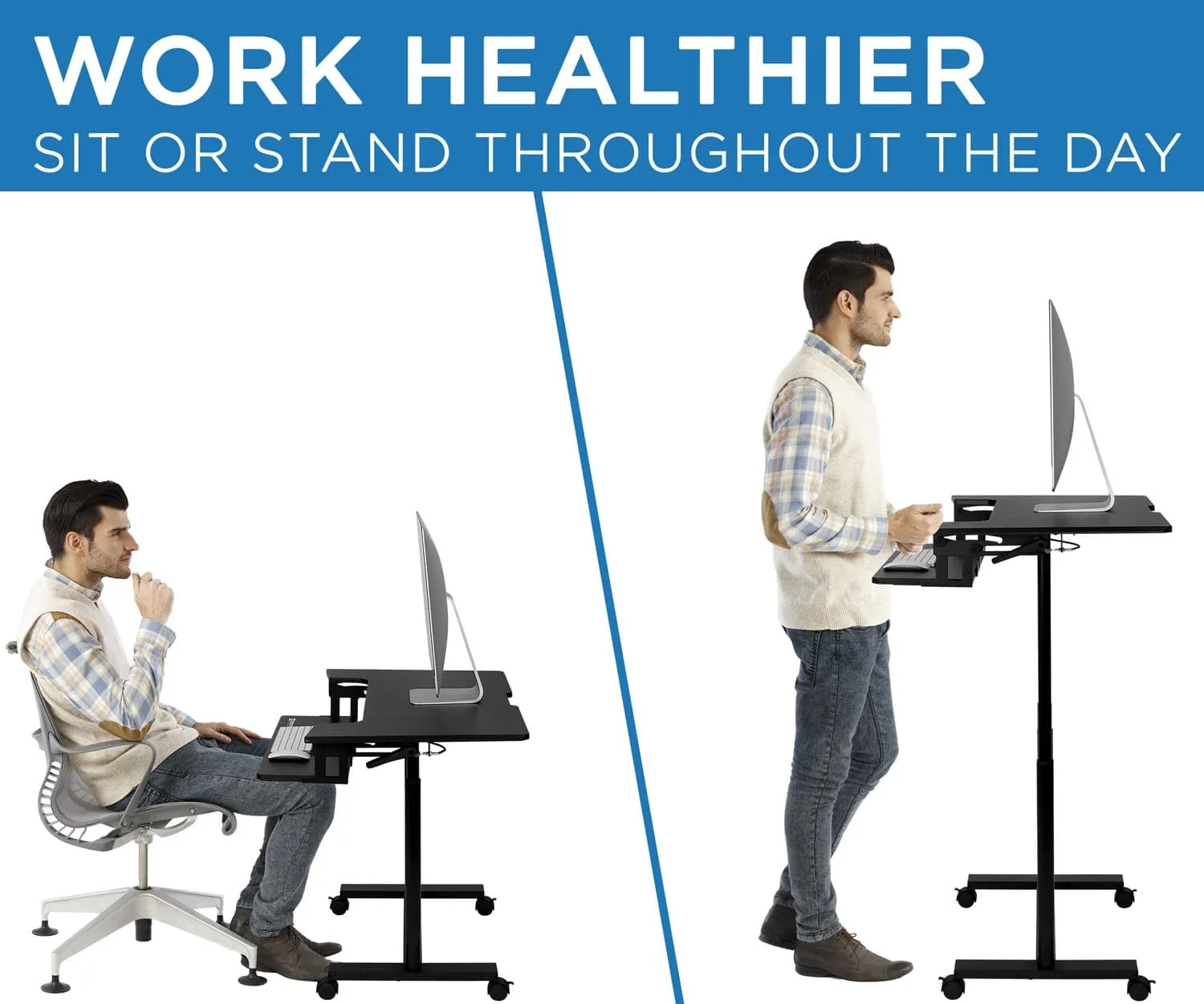 Mobile Sit-Stand Desk with Large Top and Retractable Keyboard