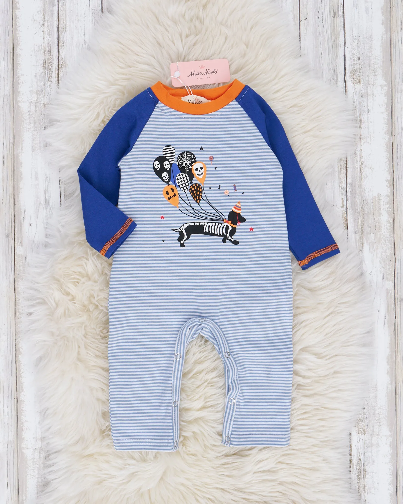 Navy & Orange Skeleton Crew Embroidered Romper