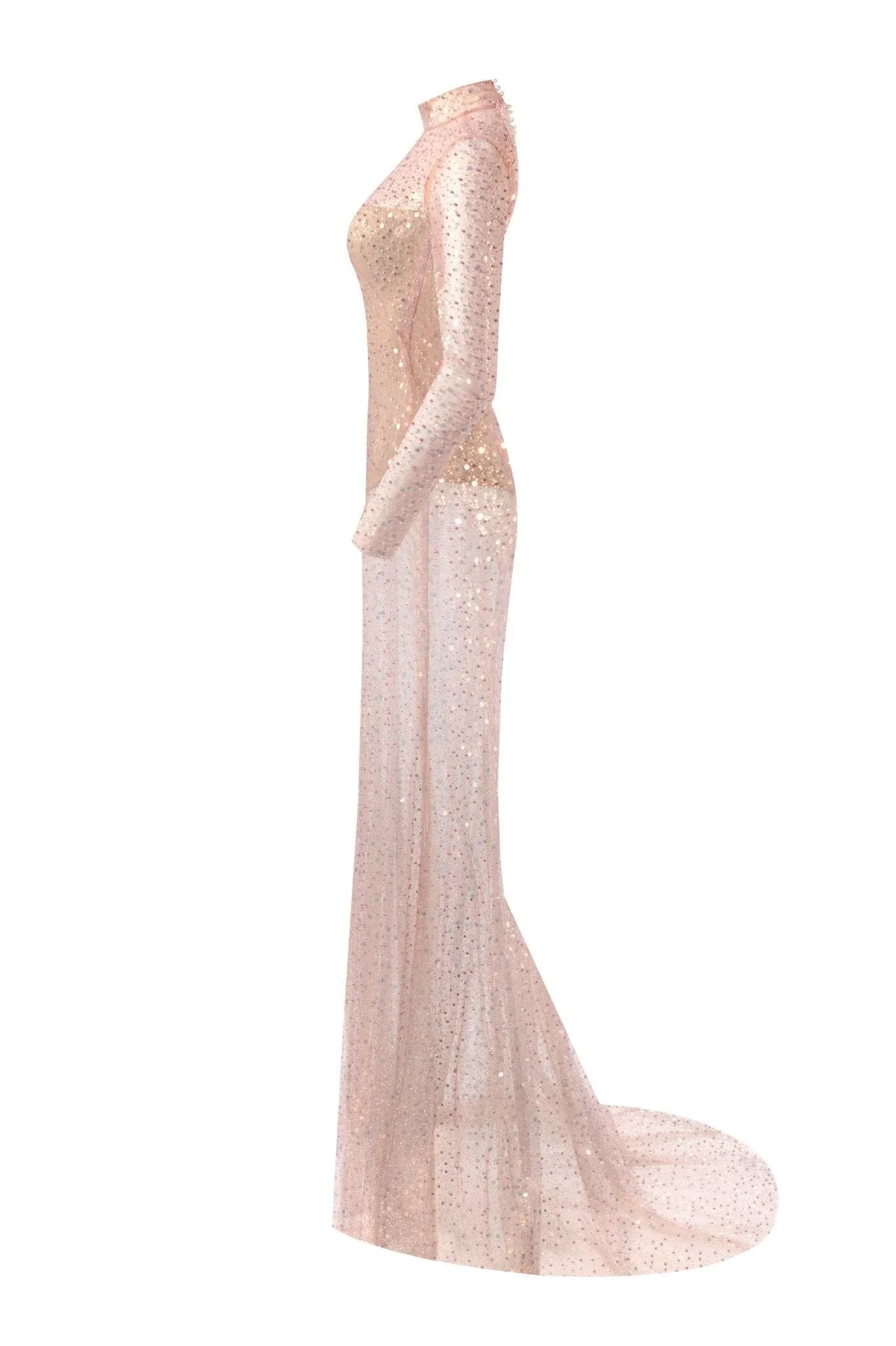 Radiant long-sleeved maxi dress in rose gold