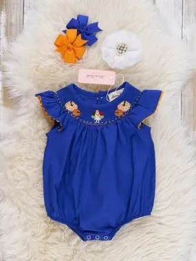 Royal Blue & Orange Embroidered Ruffle Romper