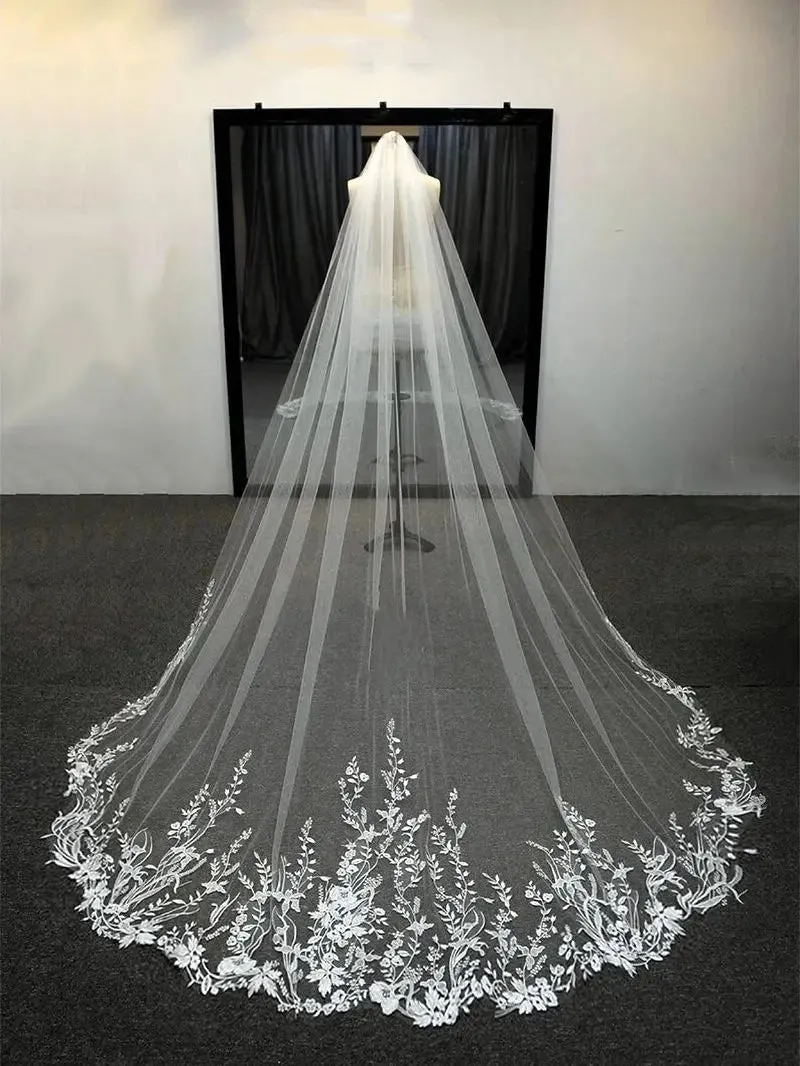 sparkling White Ivory Long Bridal Veils Wedding Veil Lace Appliques Soft Net Cathedral Veil velos de novia  voile de mariée