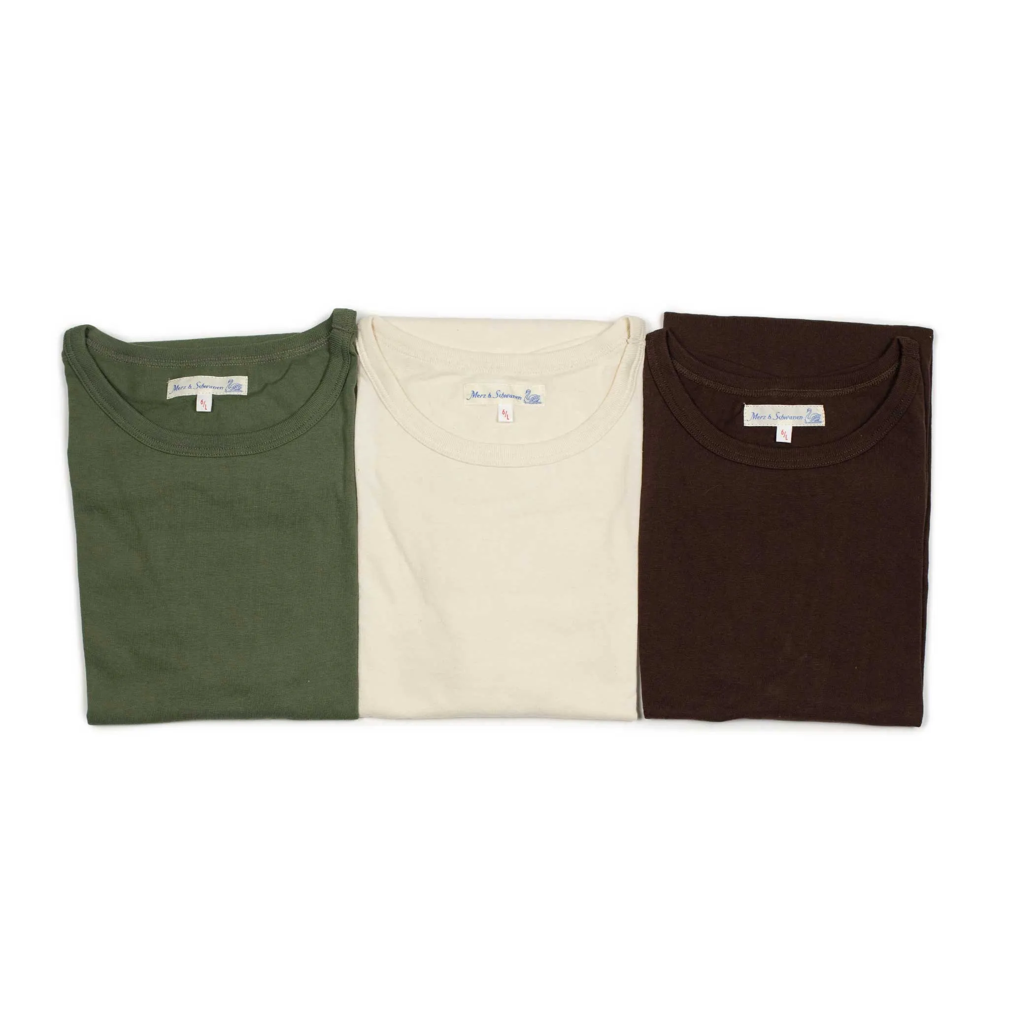 Special box set of 3 1950s crew neck t-shirts in natural, chocolate brown and military green