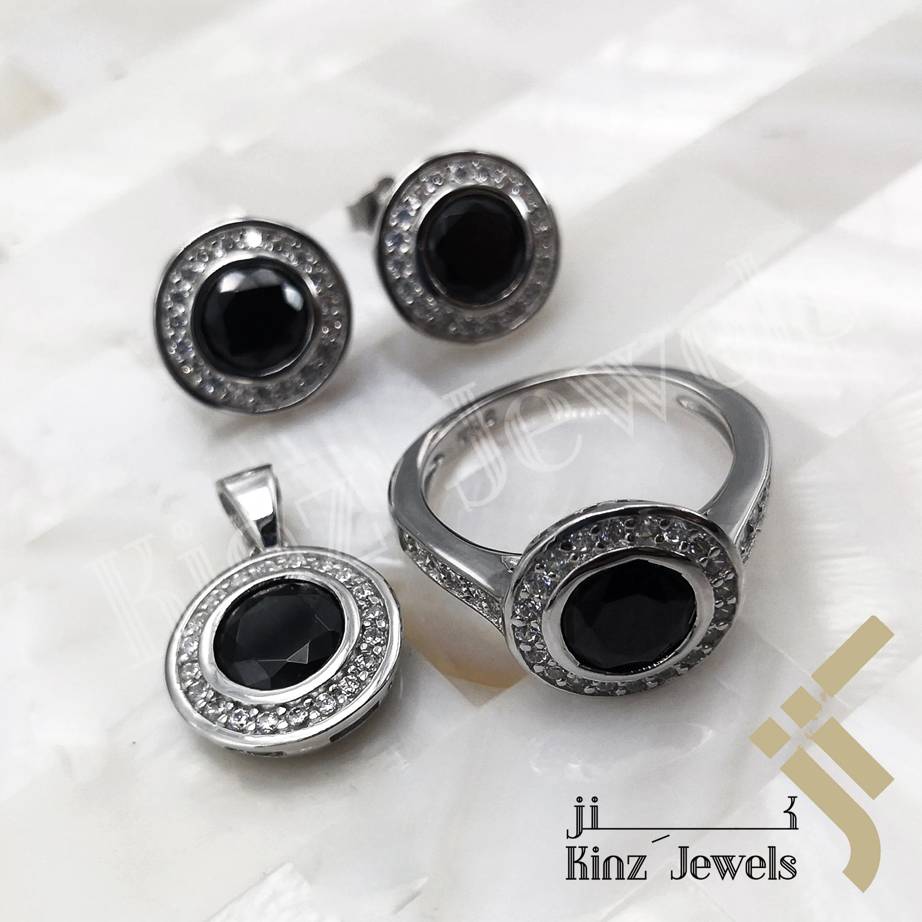 Sterling Silver Rhodium Vermeil Zircon Frame Onyx Stone Jewelry Set