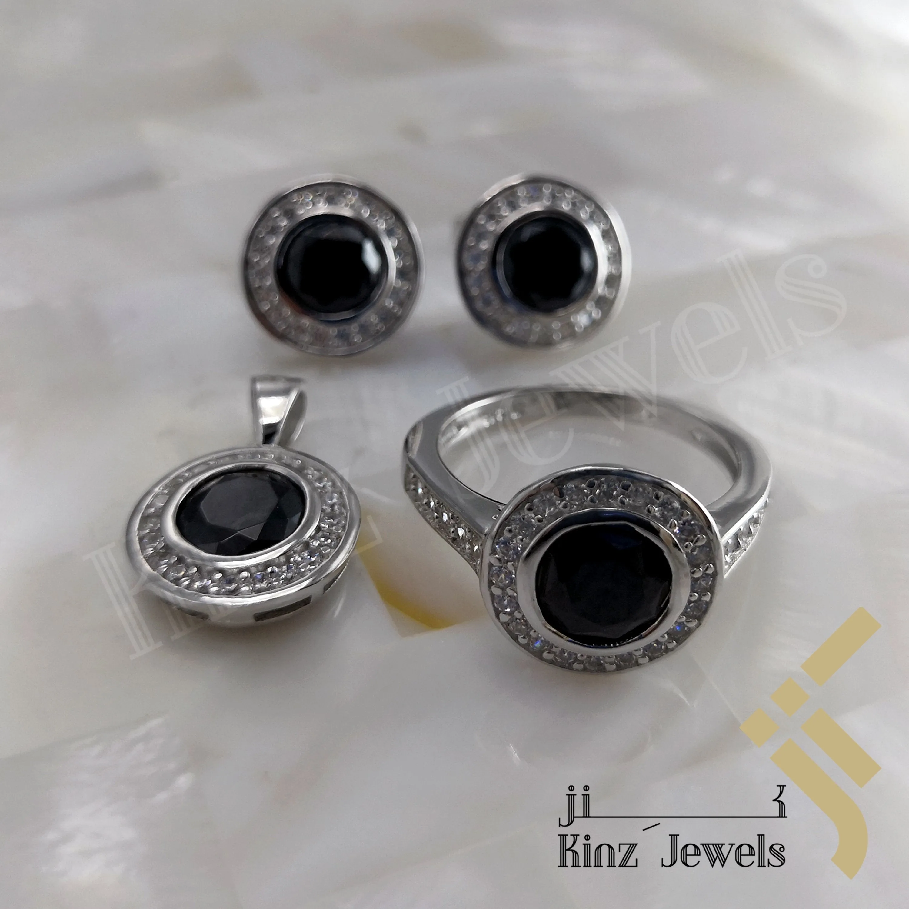 Sterling Silver Rhodium Vermeil Zircon Frame Onyx Stone Jewelry Set