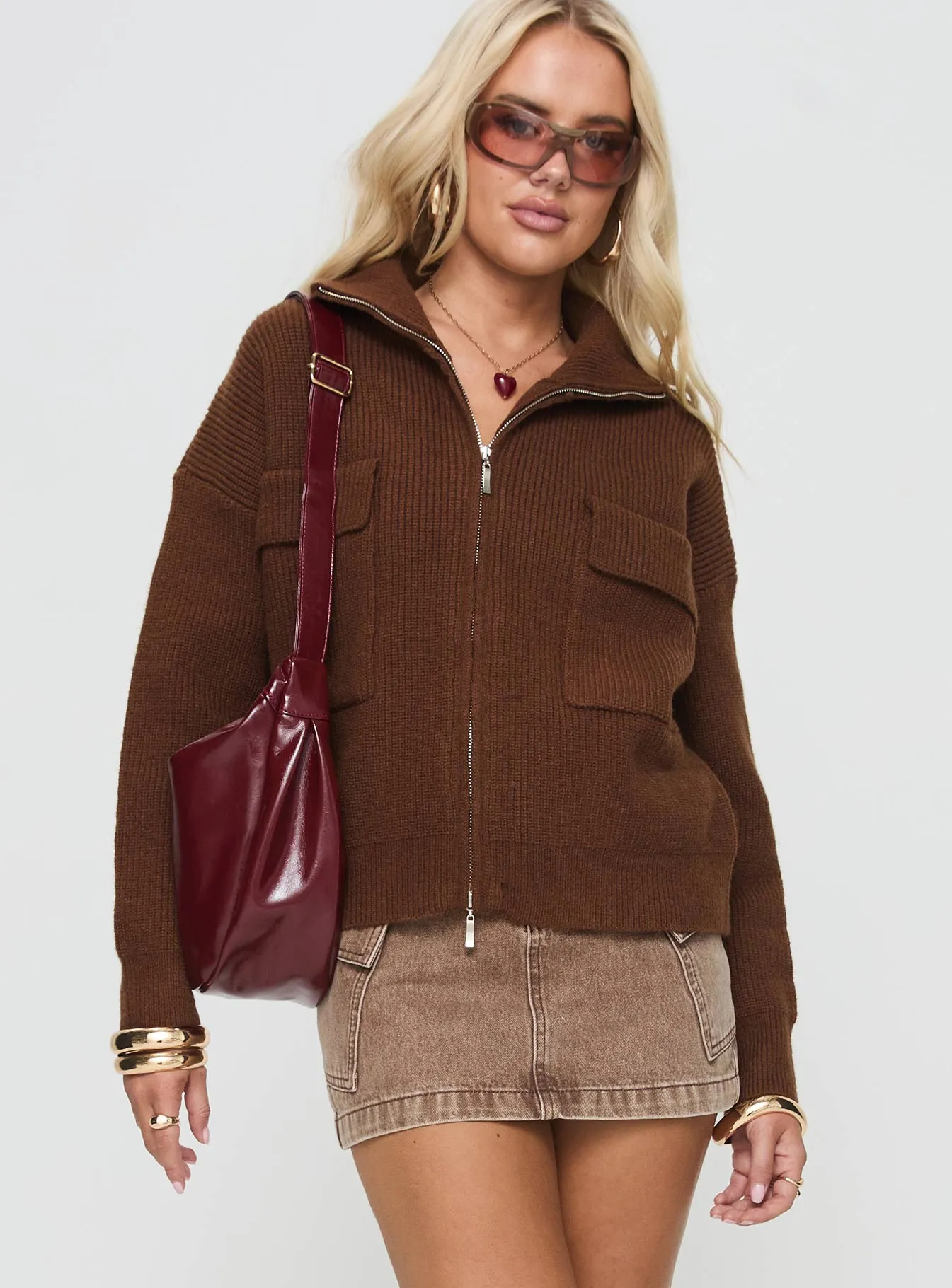 Too Busy Zip Up Sweater Chocolate