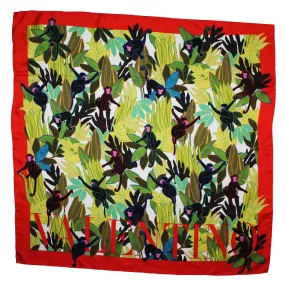 Valentino Scarf Red Green Monkey Design - 36" Square Twill Silk Women Foulard FINAL SALE