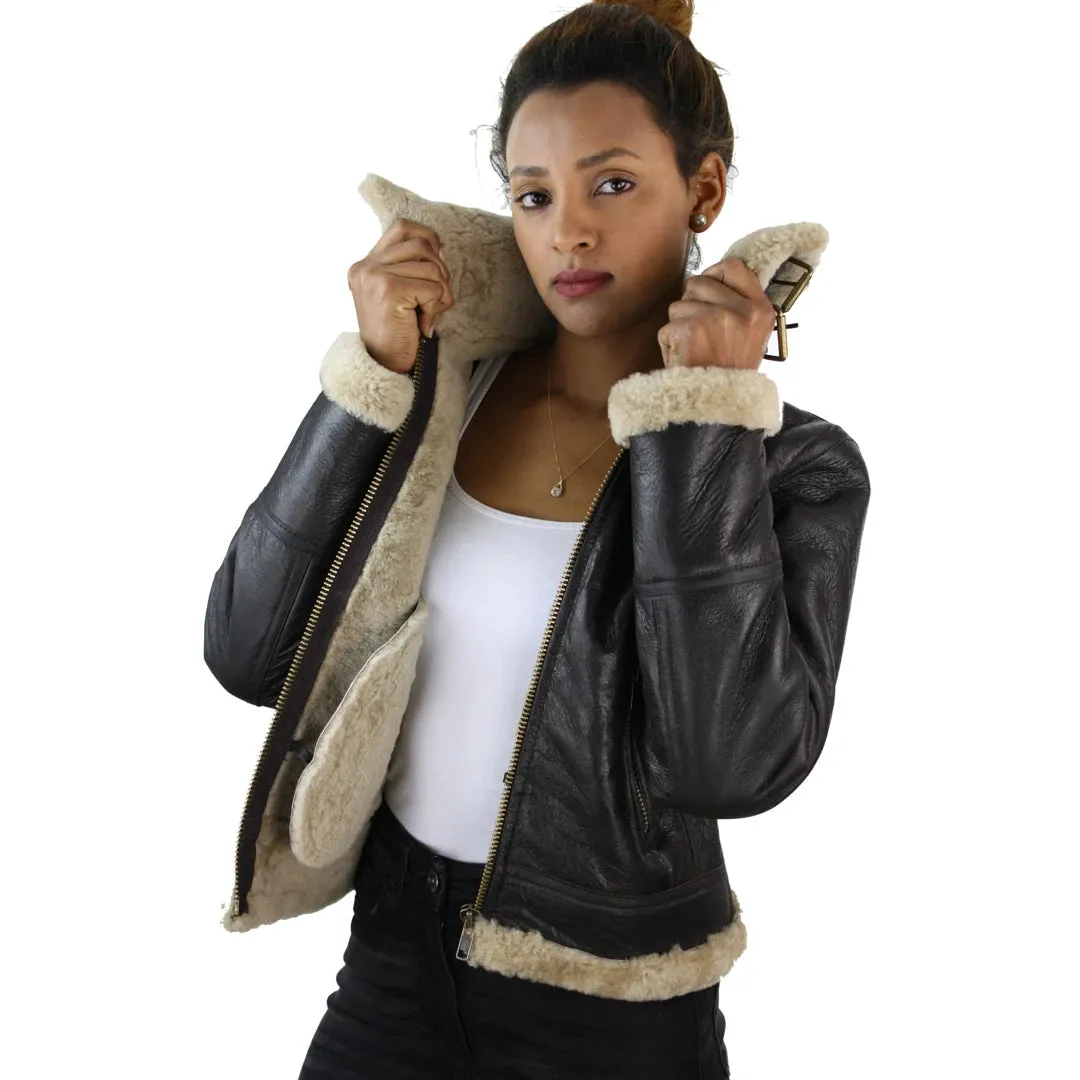 Women's Sheepskin Leather Coat Brown Beige Fur Women's Flying Jacket