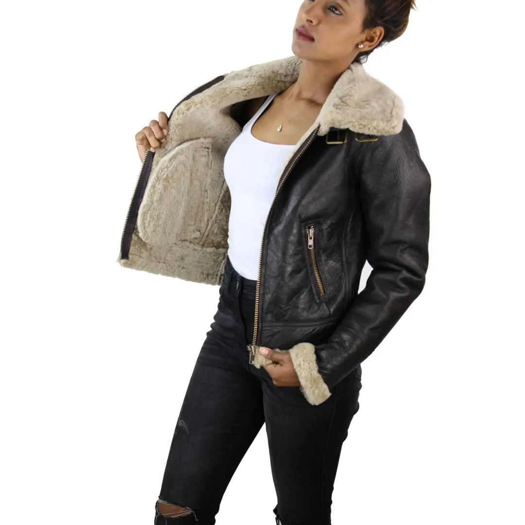 Women's Sheepskin Leather Coat Brown Beige Fur Women's Flying Jacket